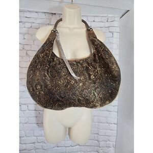 Tianni Vintage Sateen Kidney Shape Paisley Print With Bugle Beads Shoulder Bag